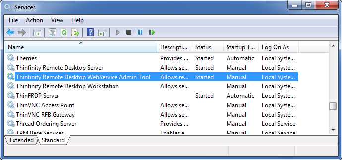 Thinfinity Remote Desktop WebService in the Windows Services Panel