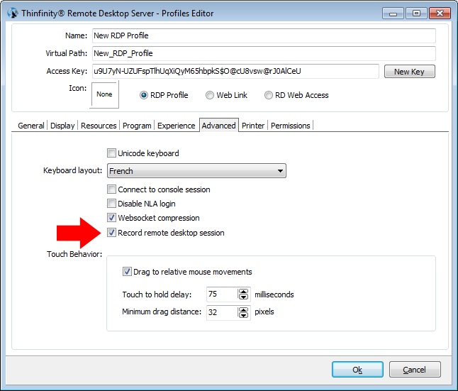 Thinfinity Remote Desktop - Checking Recording in Profiles Editor
