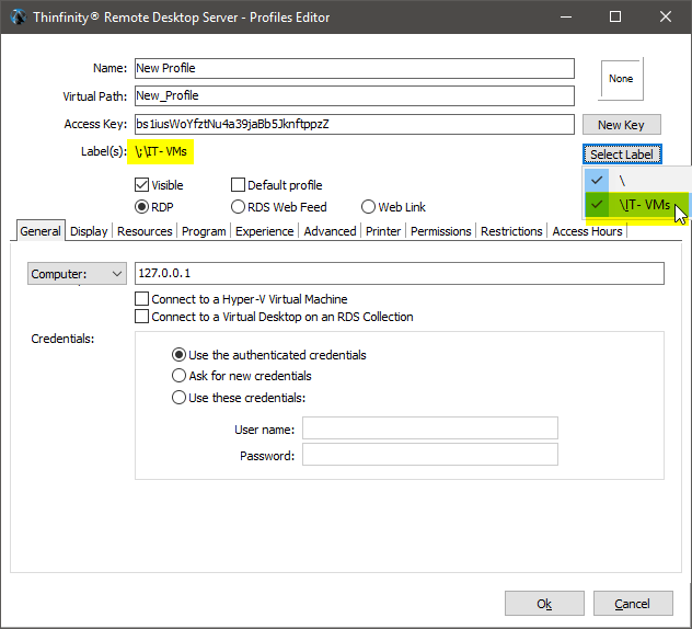 Customize the RDP access profiles with labels