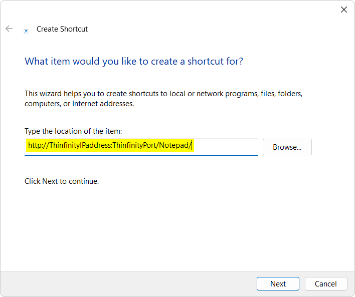What item would you like to create a shortcut for? - Thinfinity Remote Desktop