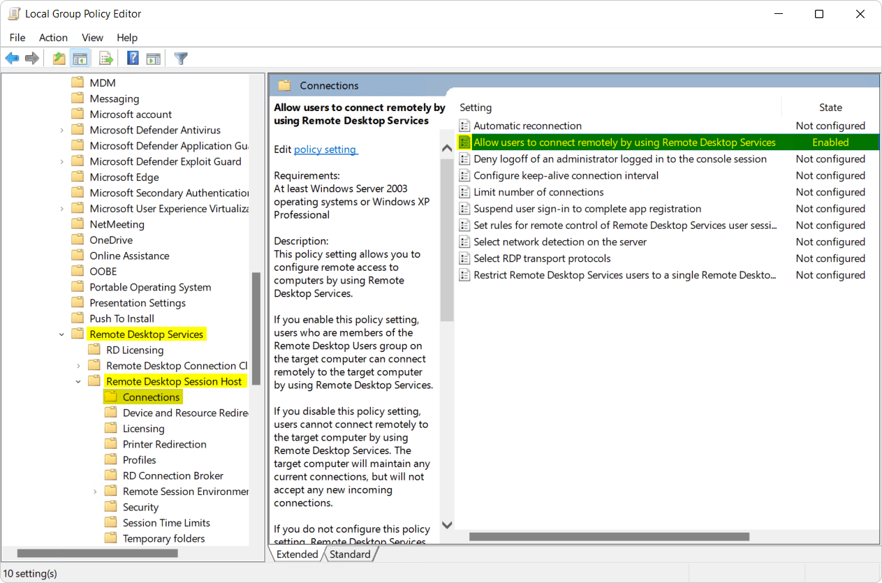 Allow users to connect remotely by using Remote Desktop Services