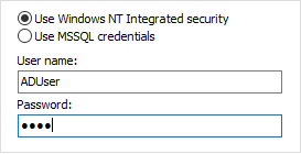 Click on ‘Use Windows NT Integrated Security’ to use an AD user or click ‘Use MSSQL credentials’ to use an SQL user.