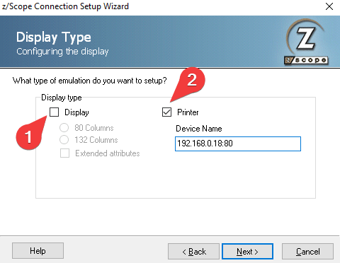 z/Scope Connection setup wizard enable printer step 4