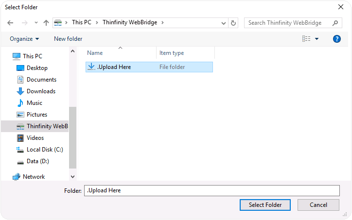 Go to the "Thinfinity® WebBridge" drive and double click "Upload Here":