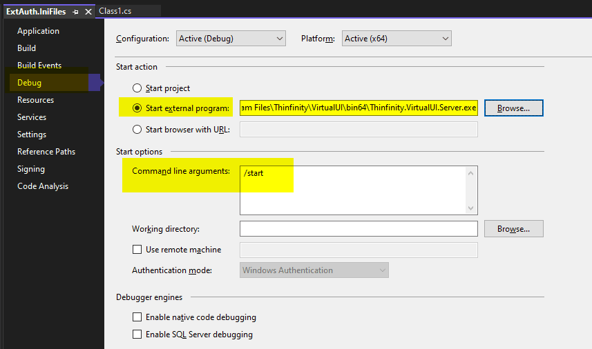 How to debug a custom authentication method made with C# from Visual Studio