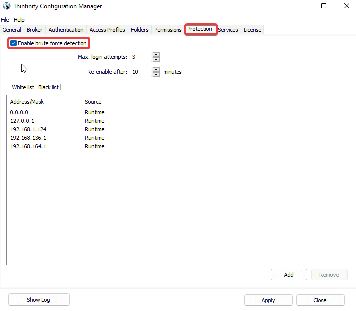 “Protection” tab on Thinfinity Remote Workspace, setp 01 