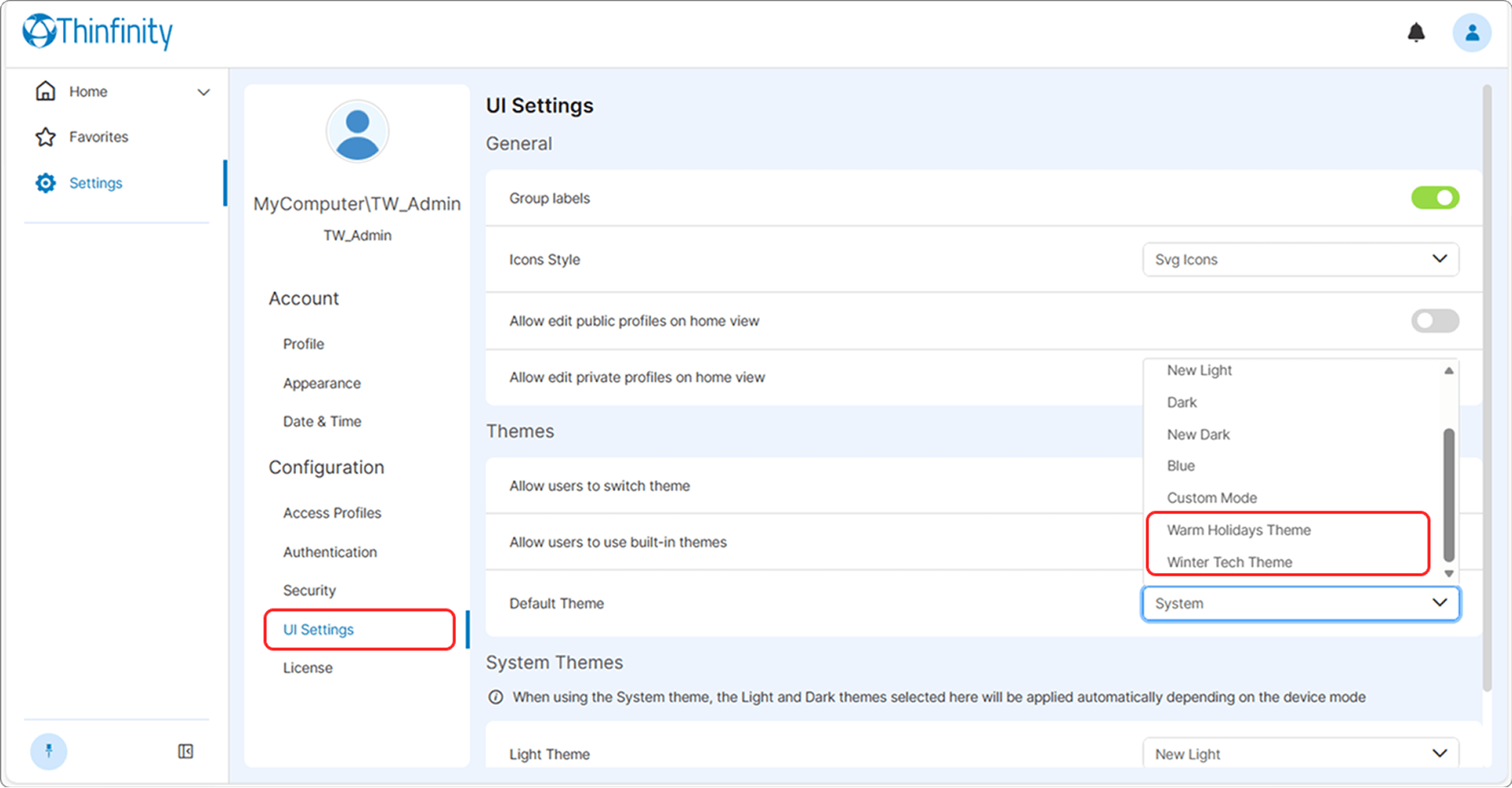 Admin UI settings in Thinfinity Workspace showing the dropdown menu to select a default custom theme for users.