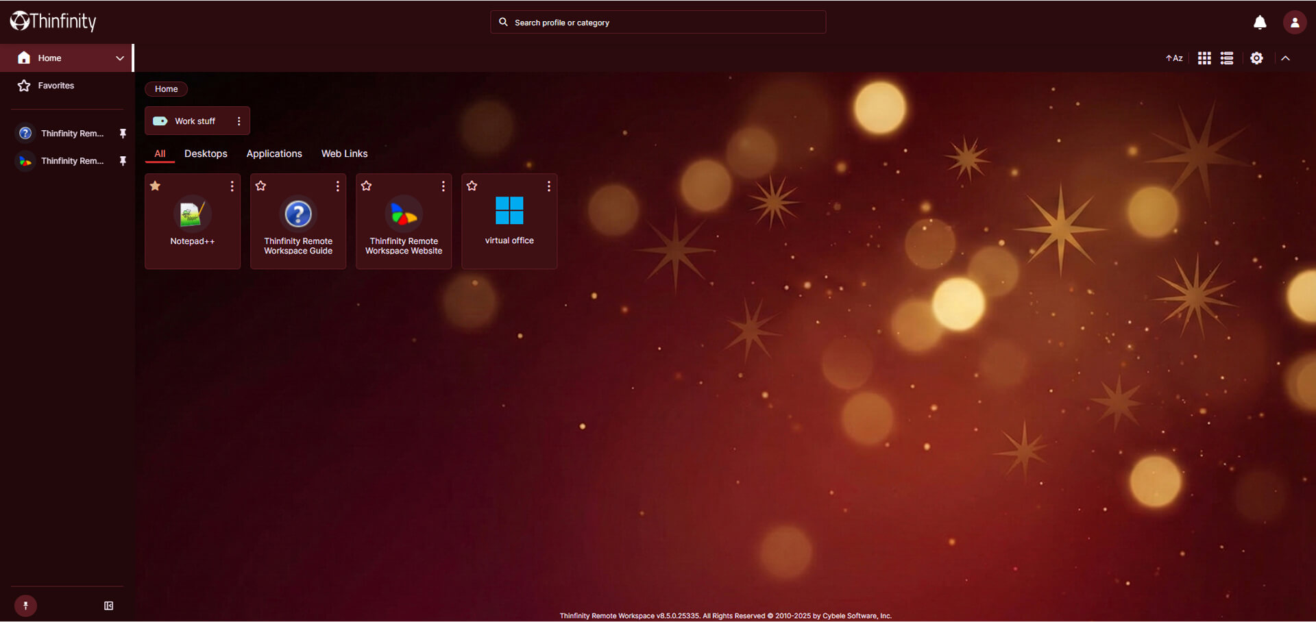 Thinfinity Workspace Warm Holidays theme with a deep burgundy palette and golden festive bokeh background.