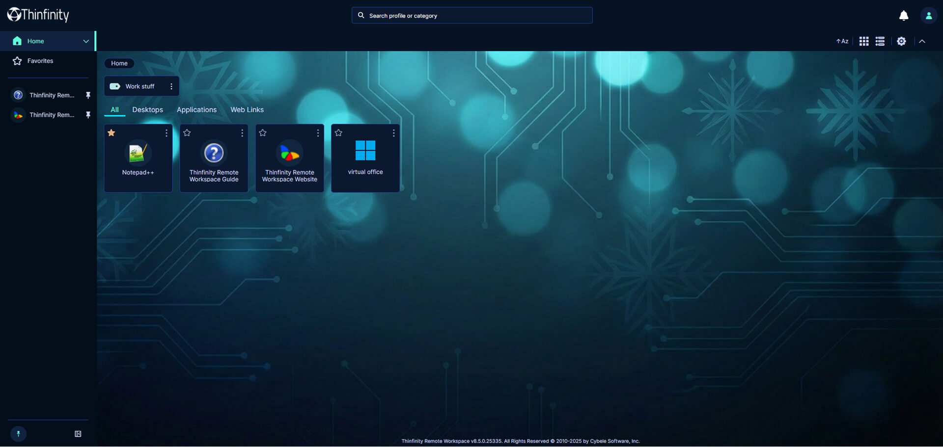Thinfinity Workspace Winter Tech theme interface featuring a blue circuit board background and ice-blue accents.