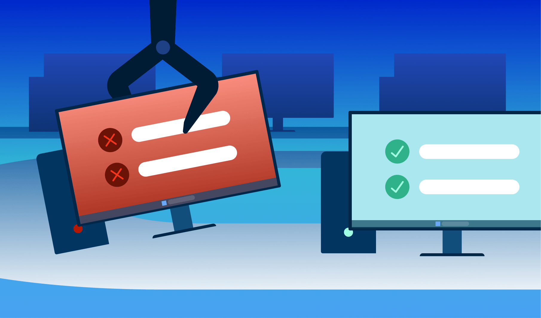 Disaster recovery manufacturing VDI OCI: failed VDI (red X) vs. successful VDI (green checkmarks).