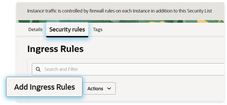 OCI Add Ingress Rules form configured for RDP on TCP port 3389
