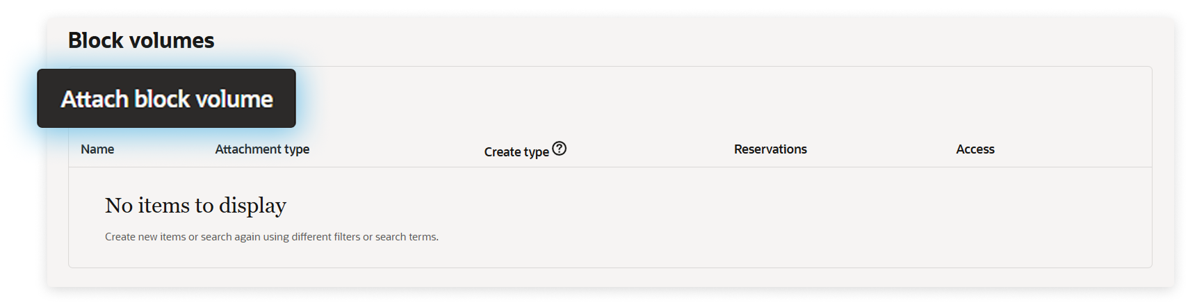 OCI Block volumes panel with the Attach block volume button