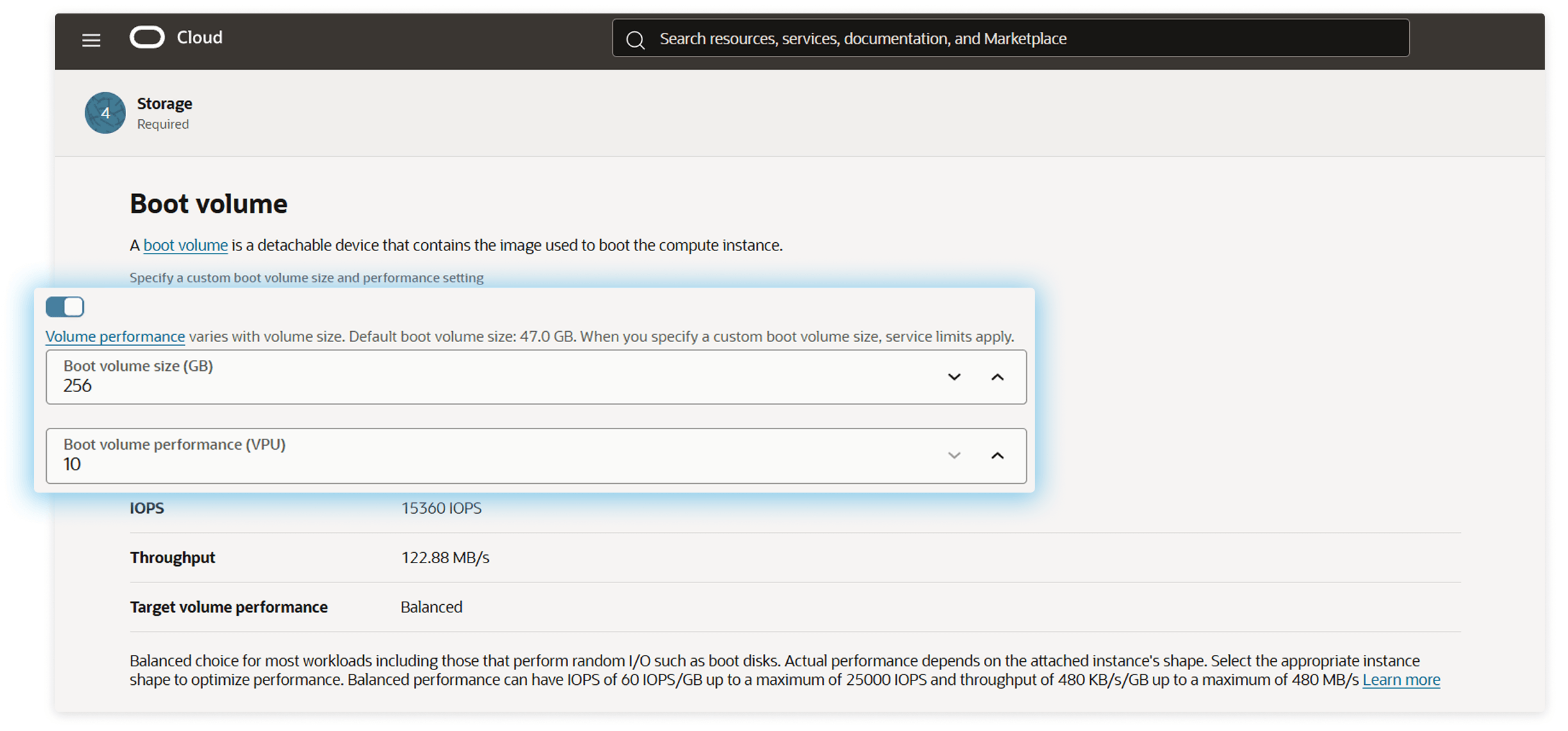 OCI boot volume configuration showing size, VPU and resulting IOPS