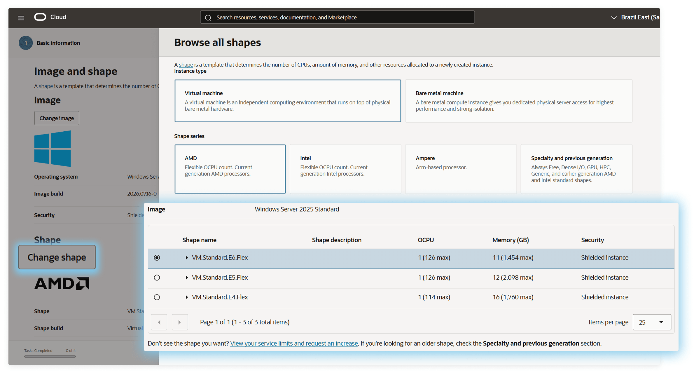 OCI Browse all shapes dialog with a flexible AMD virtual machine shape selected