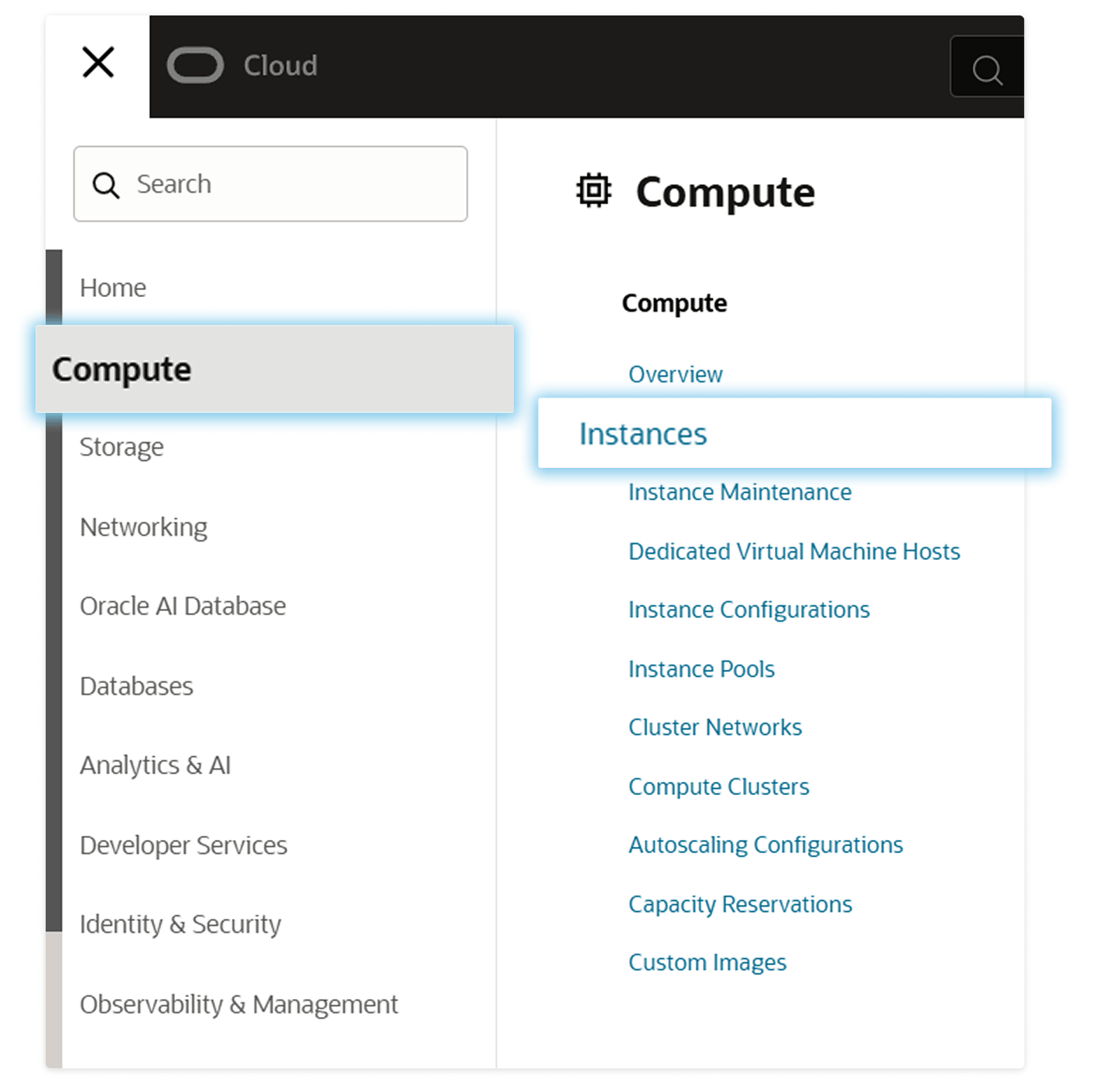 OCI Console navigation menu with Compute and Instances selected