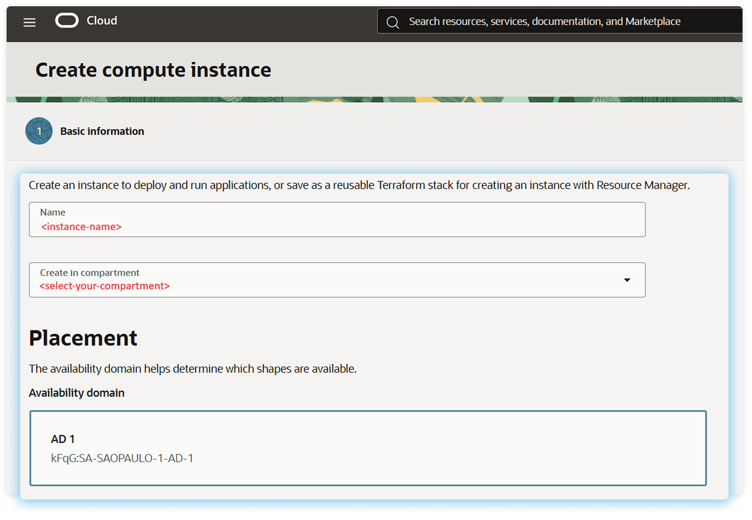 OCI Create compute instance form: name, compartment and availability domain