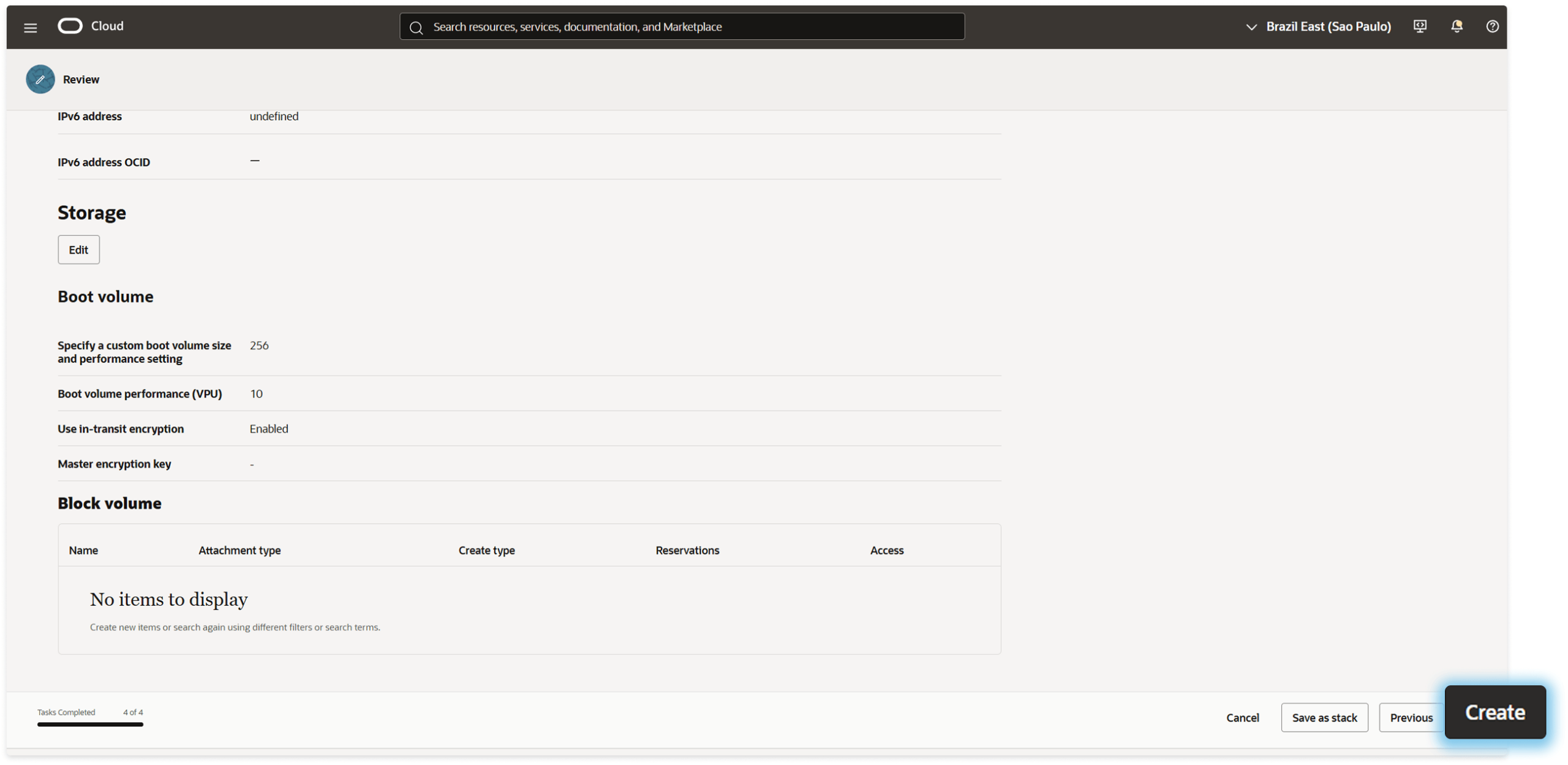 OCI Create compute instance review page before launching