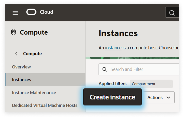 OCI Instances list showing the Create instance button