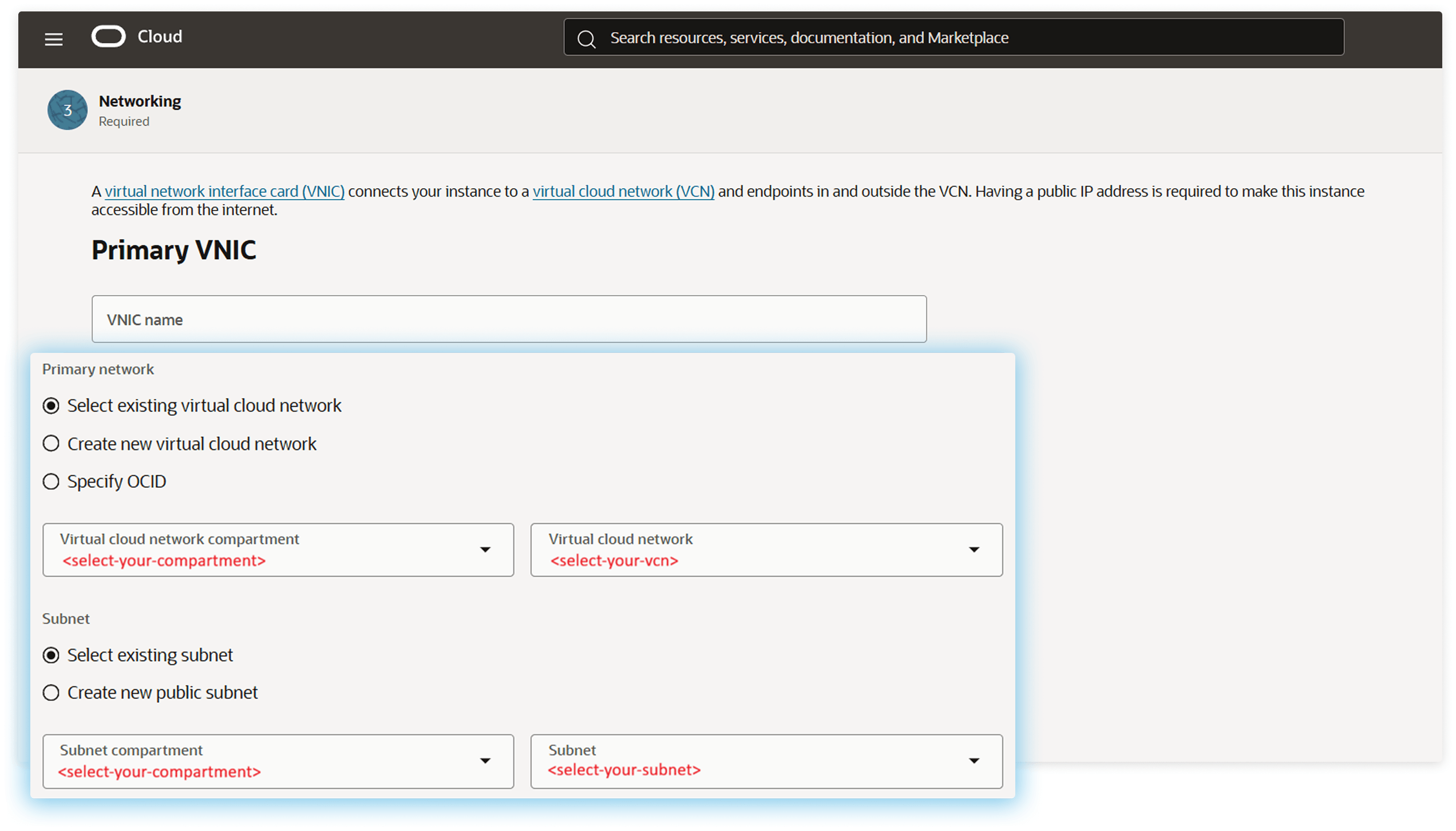 OCI Primary VNIC configuration with virtual cloud network and subnet selection