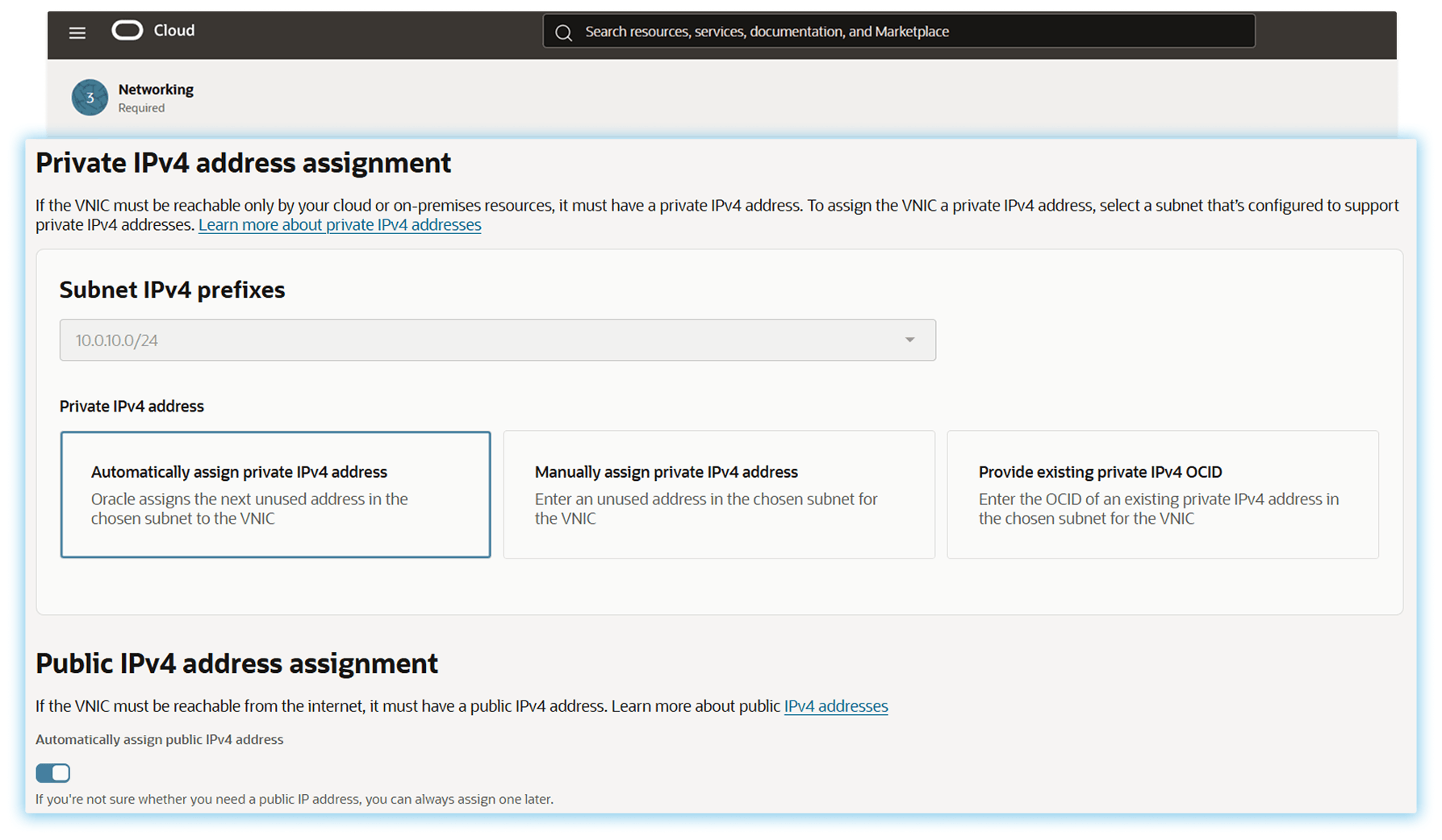 OCI private and public IPv4 address assignment options