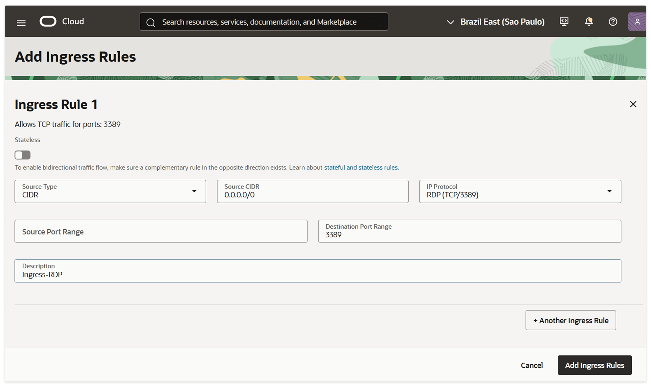 OCI Security rules tab with the Add Ingress Rules button