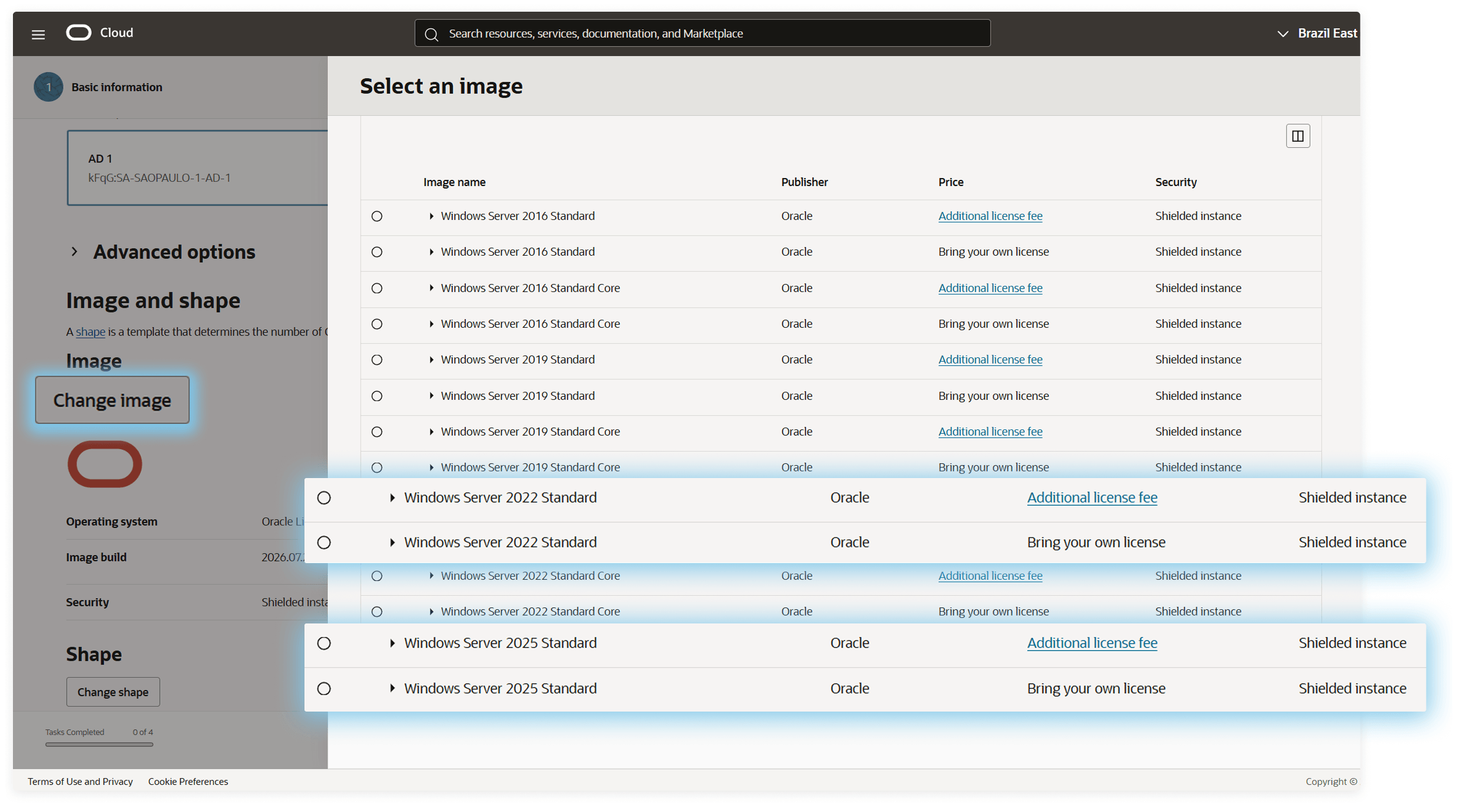 OCI Select an image dialog listing Windows Server versions and licensing options