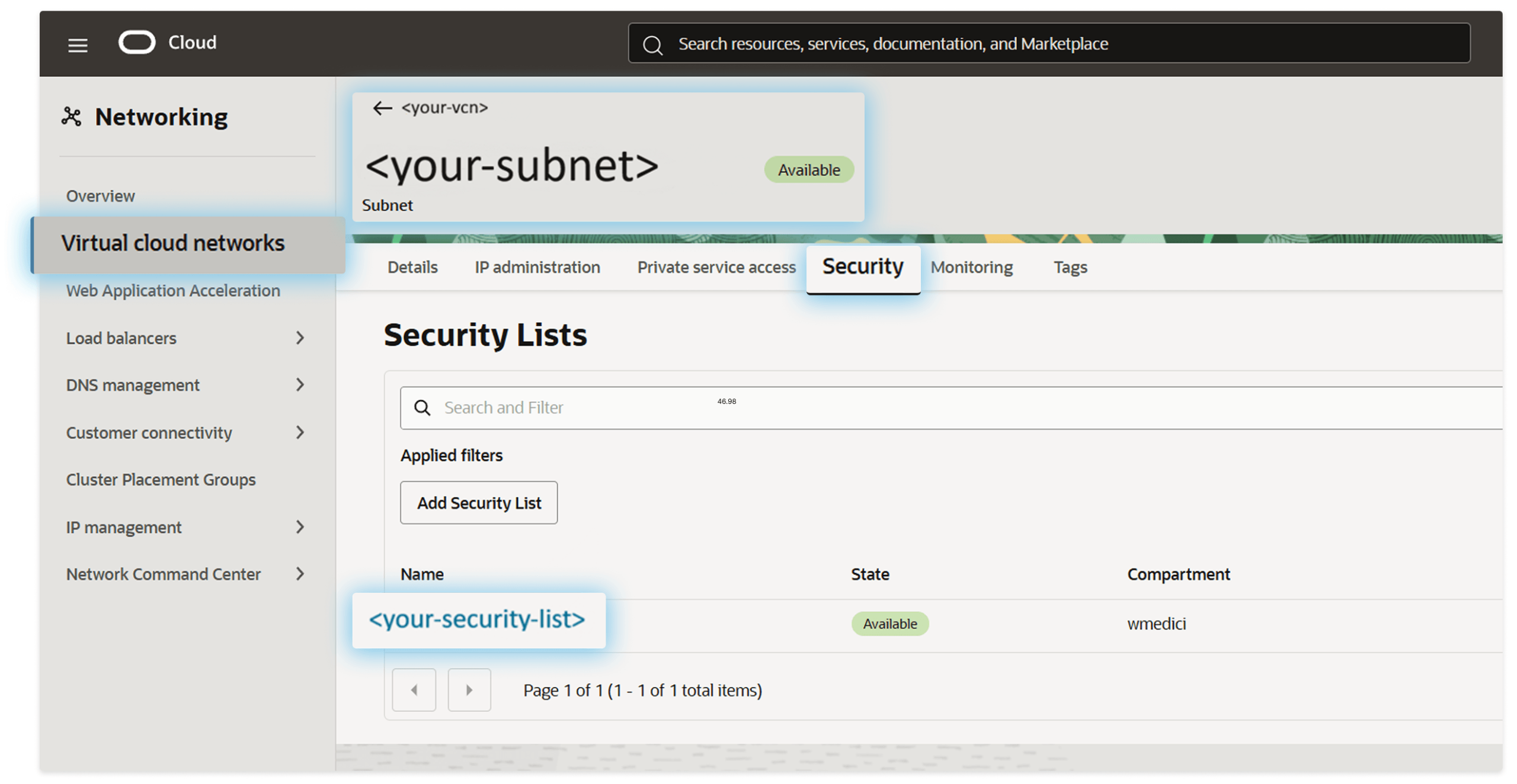 OCI subnet Security tab showing the attached security list