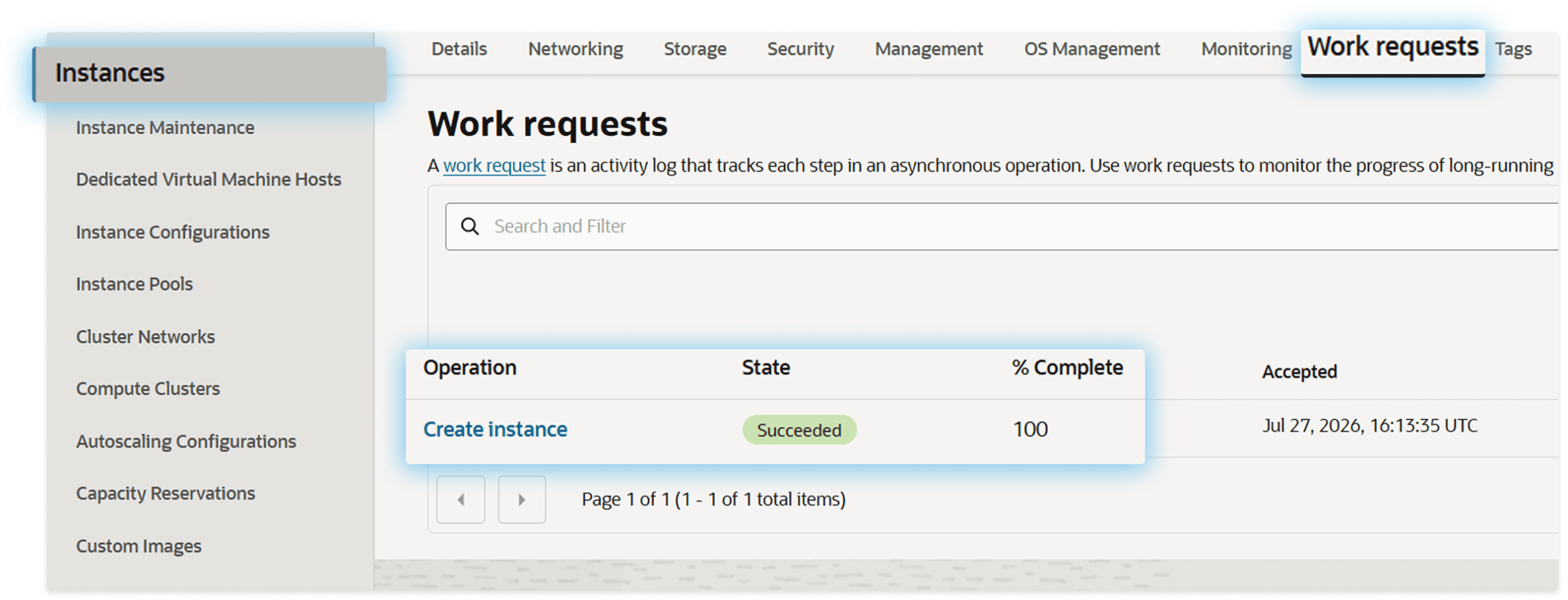 OCI Work requests tab showing a successful Create Instance operation