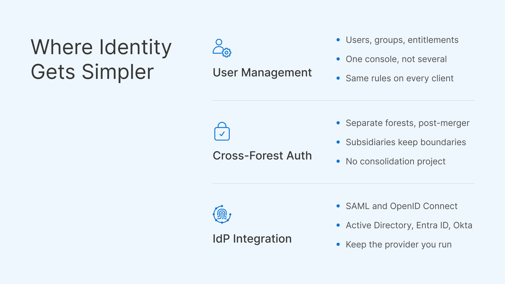 Key features of OCI Secure Desktops alternative: User management, cross-forest auth, and IdP integration for simplified identity.