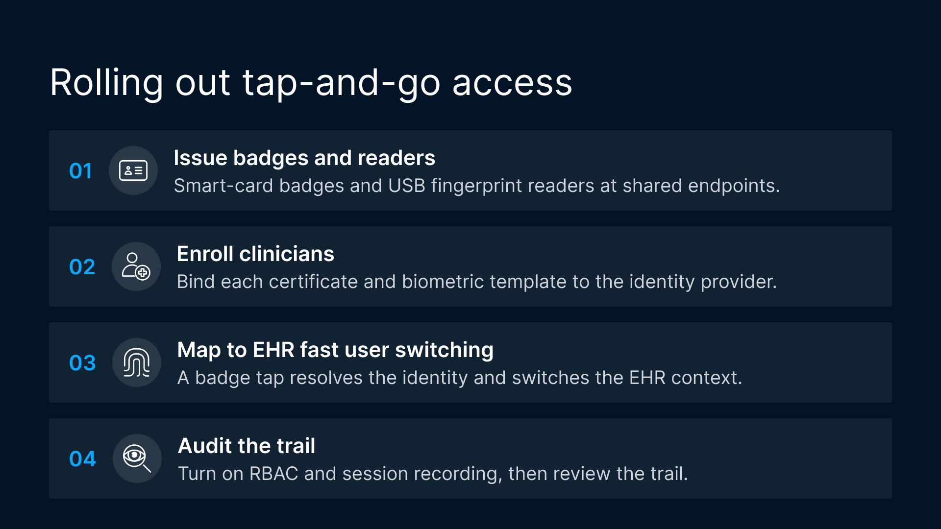 Healthcare tap-and-go VDI: smart card redirection for VDI, EHR access, enrollment, and audit trails.