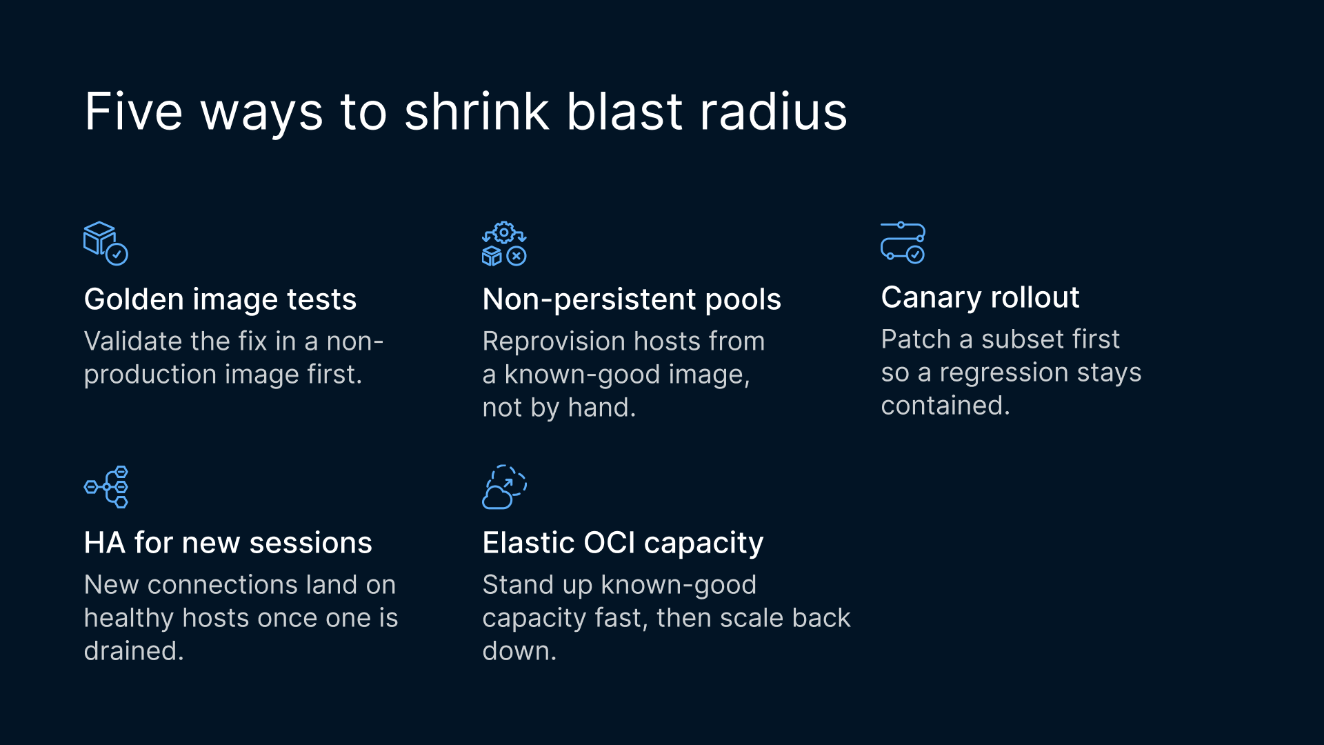 Five ways to shrink blast radius: golden image tests, non-persistent pools, canary rollout, HA for new sessions, elastic OCI capacity