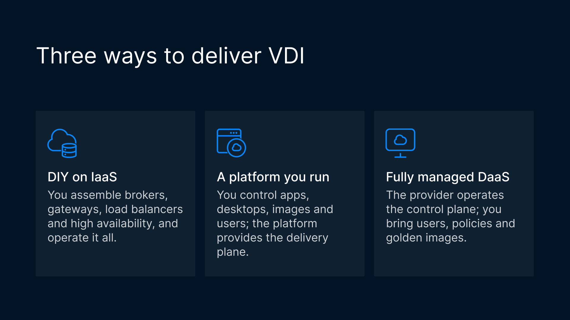Graphic comparing three VDI delivery models: DIY on IaaS, platform-based, and fully managed DaaS, explaining IaaS vs PaaS vs SaaS.