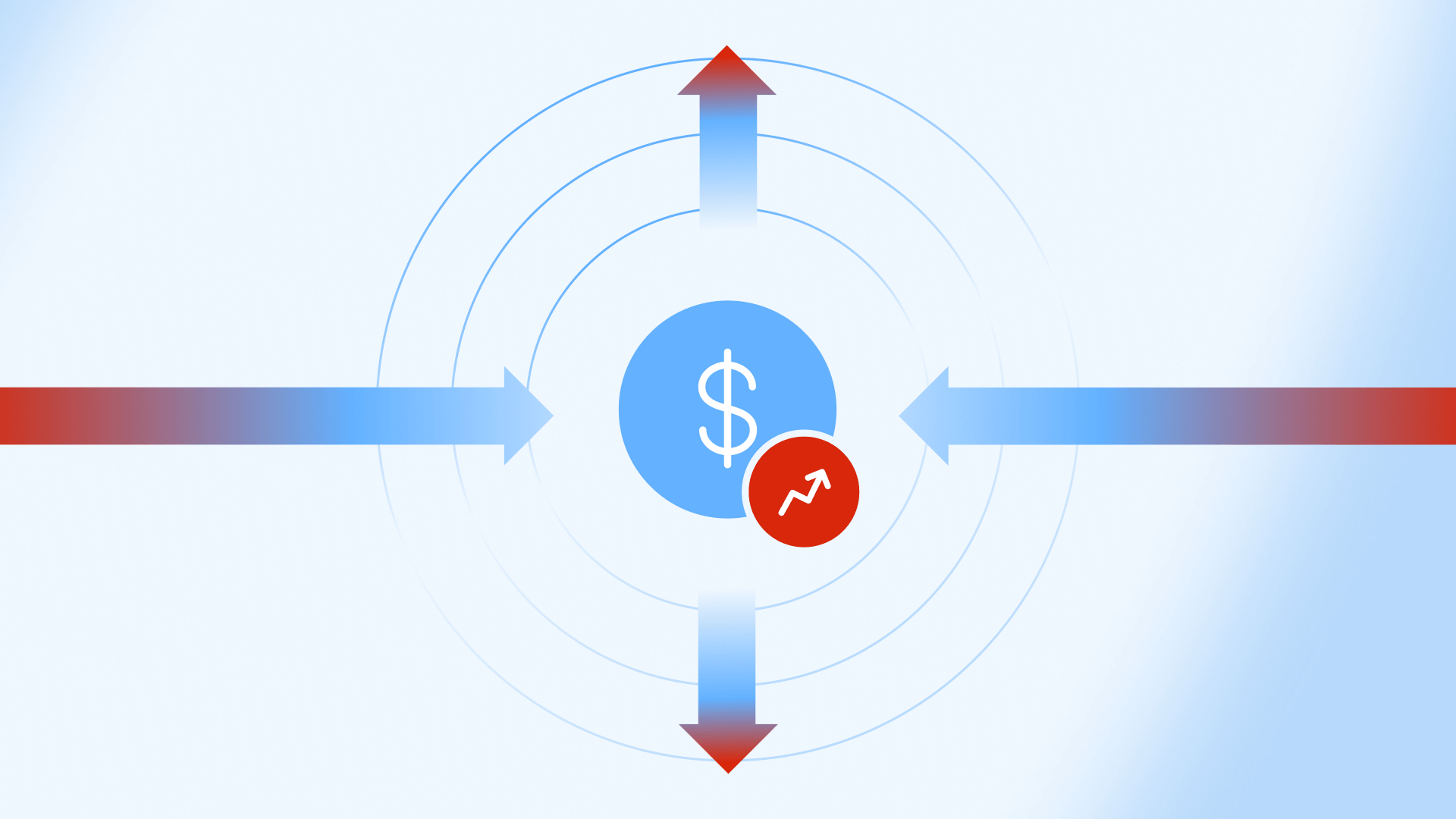 VDI storage optimization concept: a dollar icon with a rising cost arrow at the center of arrows scaling in and out